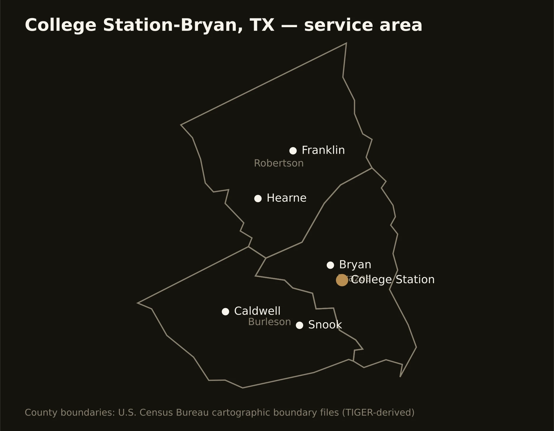College Station-Bryan, TX directional drilling service area map — component counties and cities served